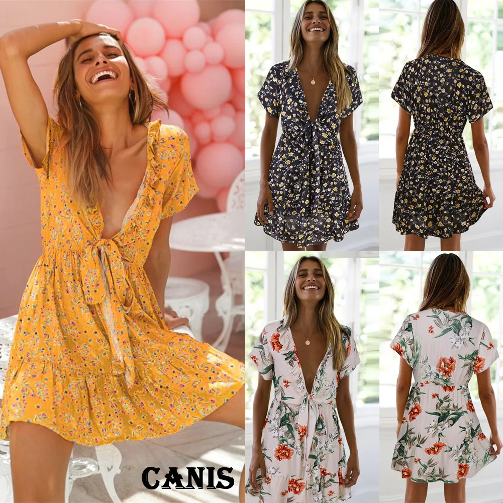 

2019 Ladies Women Dresses Boho Floral Short Sleeve V-neck Sexy Summer Party Evening Beach Short Mini Dress Sundress