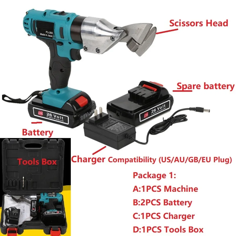 1set 26V Li-ion Cordless Electric Scissor Metal Sheet Shear Cutter Scissors Rechargeable 2 Battery Rotating Head Power Tool