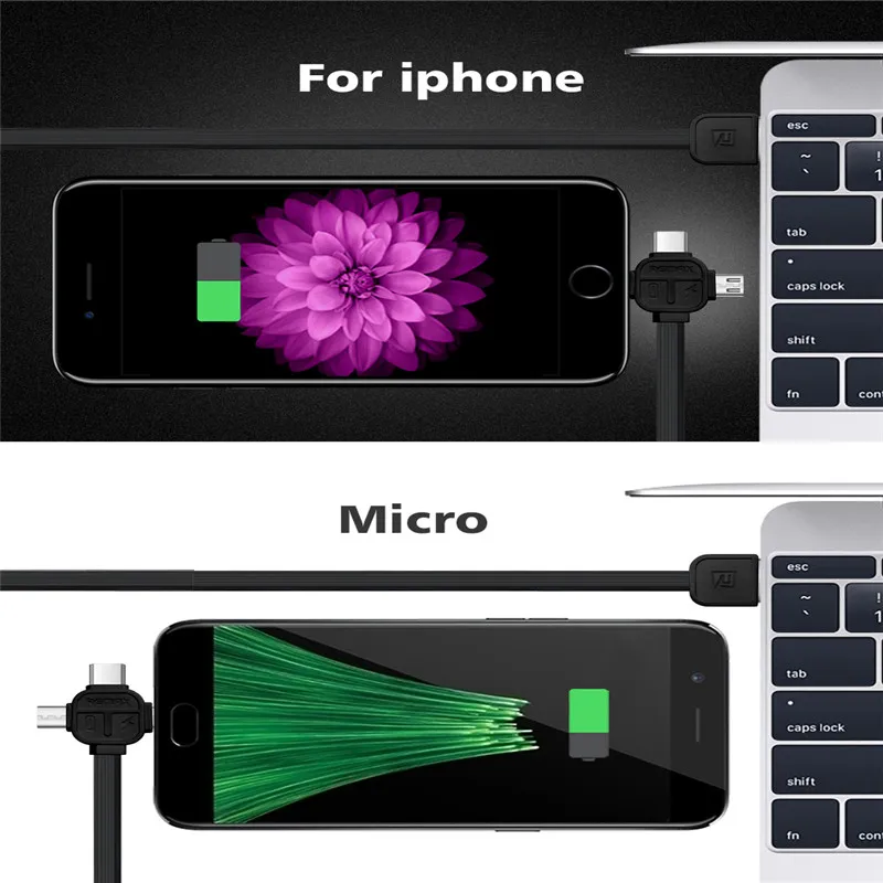 REMAX 3in1 USB Type C 8pin USB Cable to Micro USB Data Cable TPE Charging Transfer charger cable for iphone for xiaomi Huawei