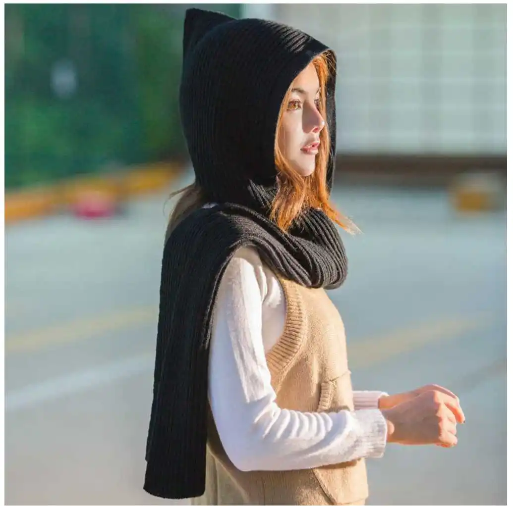 2018 Brand Design Women's Hooded Scarf Winter Wool Knitted Earflap Hats Snood Wraps Solid Crochet Scarves and Hat for Girl