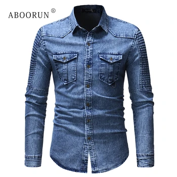 

ABOORUN Fashion Denim Shirts Men's Retro Long Sleeve Pleated Jeans Shirts Front Pockets Cotton Shirts for Male x1608
