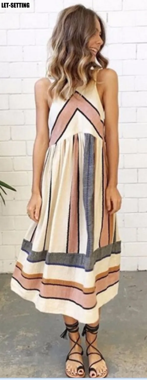 

Boho beach print dress new fashion explosion models sleeveless round neck striped long dress S-XL,orange,red