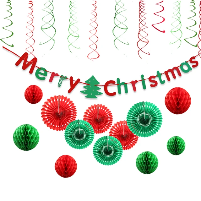 25pcs red green merry christmas banner hanging swirls paper fan honeycomb party decorations kits for home - Merry Christmas Banner 25pcs red green merry christmas banner hanging swirls paper fan honeycomb party decorations kits for home - Merry Christmas Banner