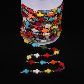 

5Meter,Multicolor Turquoises Cross Rosary Chain,Natural Gems Stone Slice bead Brass Wire Wrapped Chain,Necklace Crafts Jewelry