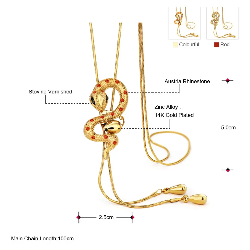 Neoglory австрийский страз Длинные Серьги Ожерелье Эмаль симпатичная змея дизайн золотой цвет элегантный тренд для женщин подарок