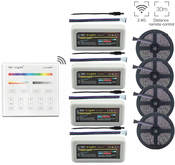 5m/10m/15m/20m 5050 RGBW RGBWW Led Strip Light DC12V+Mi.ight 2.4G RGBW Led Controller+B4 Wall Mount Led Panel Remote
