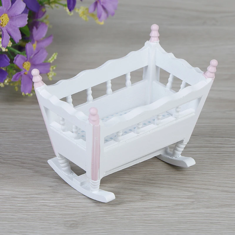 

Furniture White Wooden Cardle Baby Bed Kids Toys Wooden Nursery Cradle Baby Crib 1:12 DollHouse Miniature Dolls