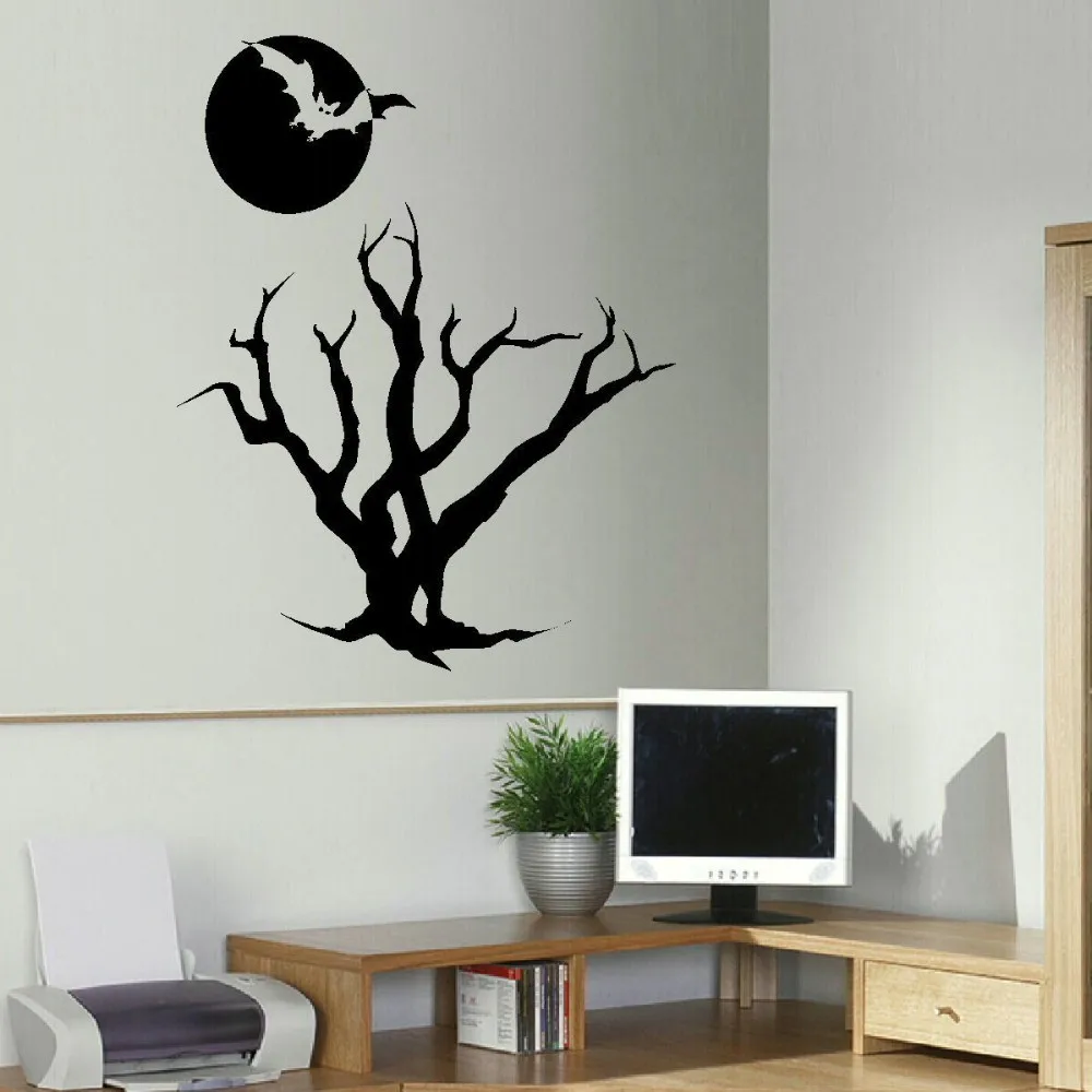 Halloween Wall Sticker Vinyl Wall Decal Large Halloween Bat Tree Moon