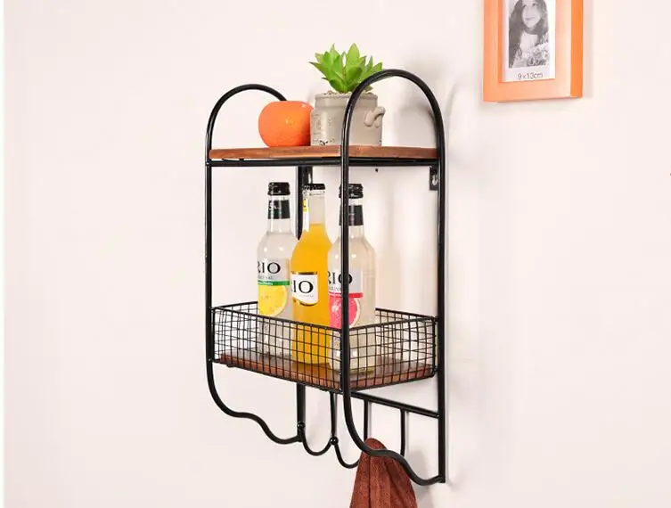 European style wall solid wood partition shelf rack. The living room iron art wall hang. A word shelf hanging wall cabinet..070