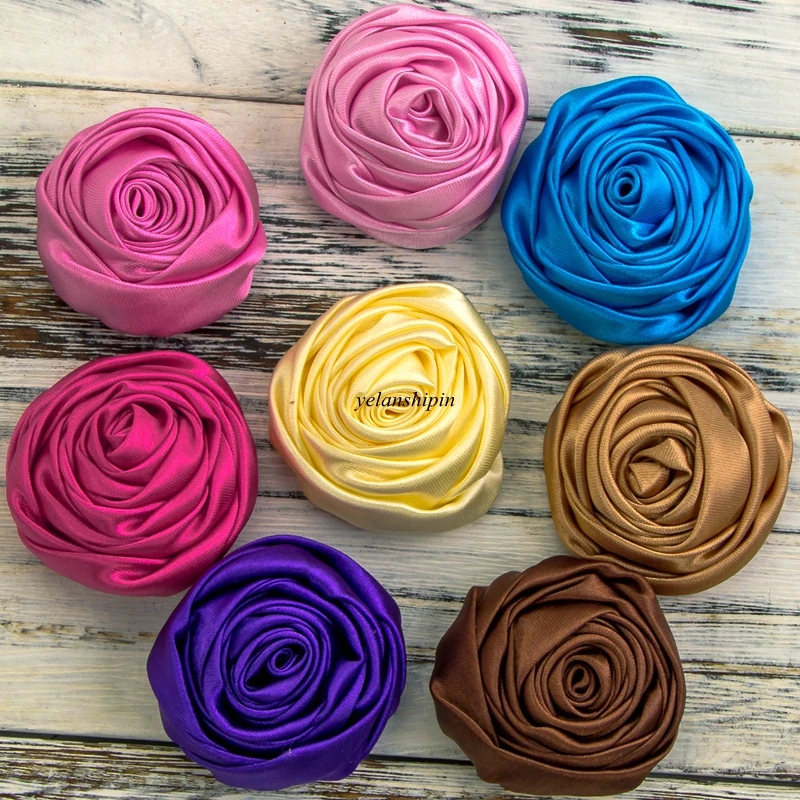 10pcs/lot 5cm 20colors Hair Clips Handmade Rolled Soft Satin Rose Flowers Artifcial Solid DIY Fabric Flowers For DIY Headband