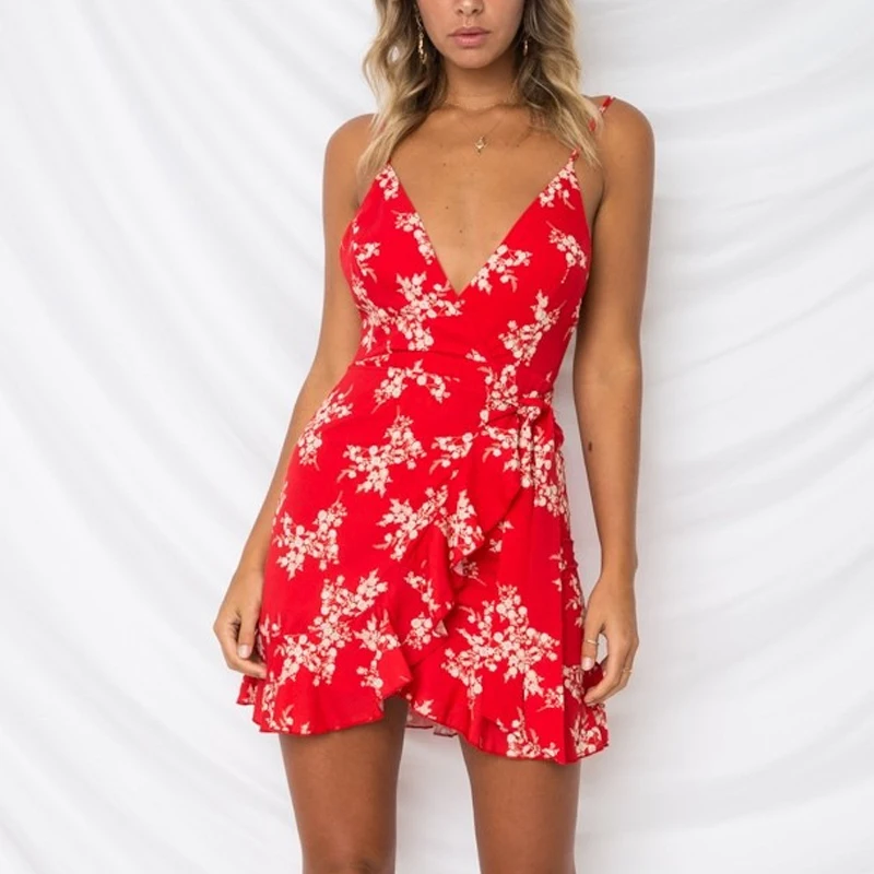 

2019 Spring and Summer Sexy Deep V-neck Floral Print Backless Strap Dress Irregular Ruffled Dress Mini Dress Party Wear