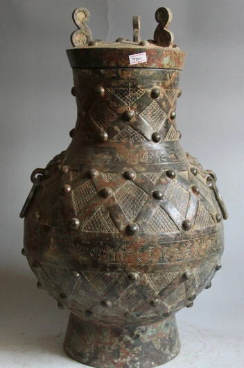 

JP S0524 19" Ancient Chinese Dynasty Bronze Beast Head handle vessel jar pot jug kettle
