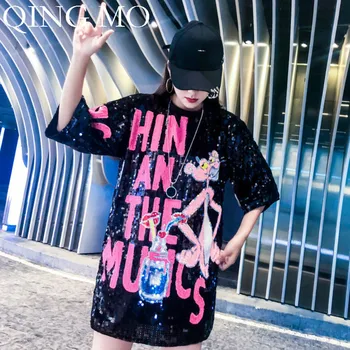 

QING MO Women Letter Sequin T Shirt Women Pink Panther T Shirt Women Full Sequin T Shirt Lady Black Silver T Shirt 2020 ZQY662