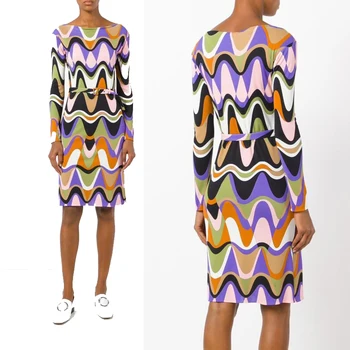 

The new women's water ripple print with belt elastic knitted slim dress fashion