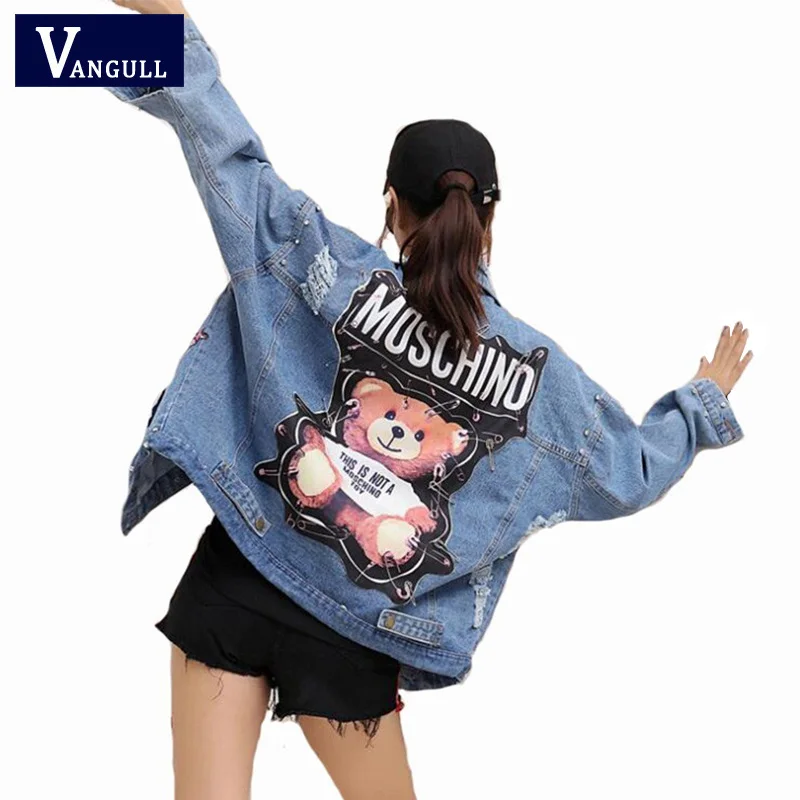 

Vangull 2019 New Denim Jacket Women Sequins Pearls Punk Batwing Sleeve Loose Vintage Streetwear Jeans Jackets Coat Ladies Rivet