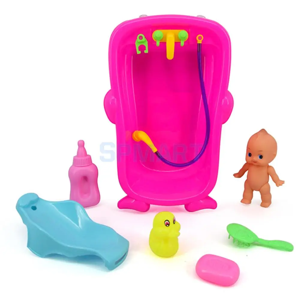 Set of Toddler Baby Adult Role Pretend Play Game Doll Bath in Bathtub Developmental Preschool Water Toy w/ Doll Gift Red