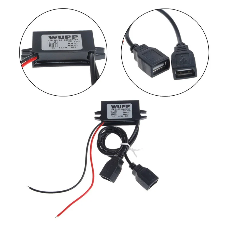 Автомобильное зарядное устройство DC 12V до 5V 3A 15W с жестким проводом и двойным USB