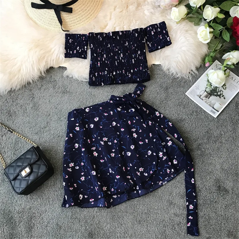 

Boho 2019 Summer Floral Print Off Shoulder Top Two Piece Outfits Dress Party 2 Set Women Casual Bandage Beach Holiday Vestidos