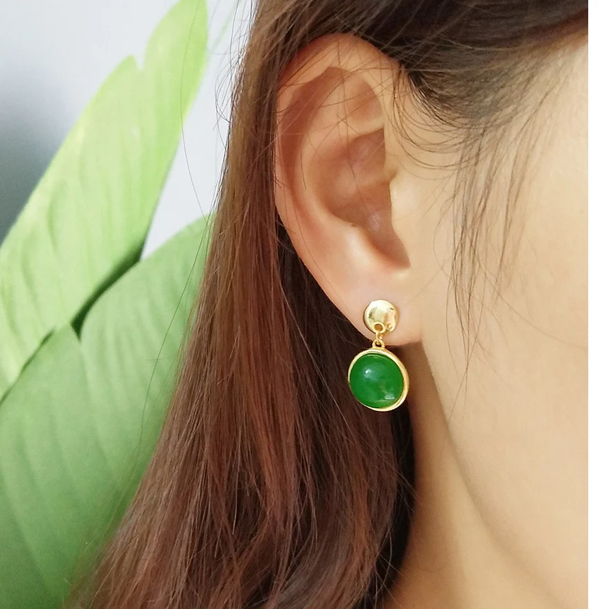 

Wholesale Elegant Gold Color Circle Green Chalcedony Stud Earrings Real 925 Sterling Silver Fashion Women Earring Party Jewelry
