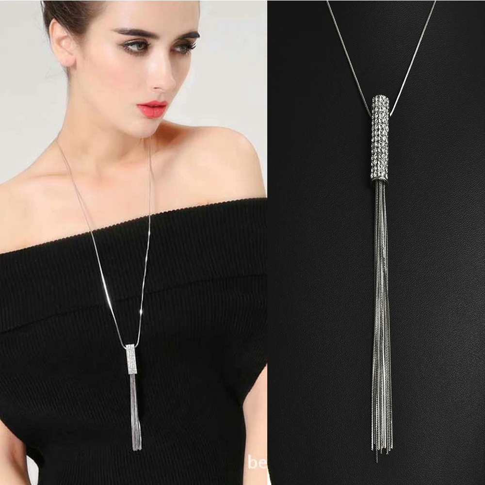 

Silver color Tassel Pendant Women Necklace Crystal Statement elegant Sweater Chain Necklaces Fashion Jewelry 76 cm