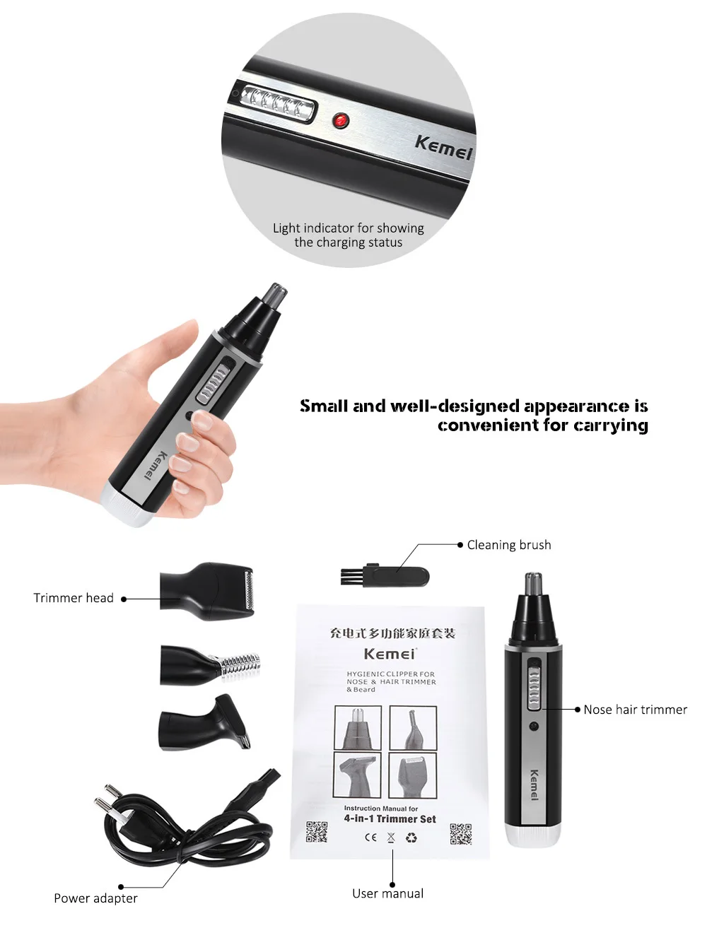 KM - 6630 4 in 1 Nose Hair Beard Eyebrow Rechargeable Electric Trimmer Set