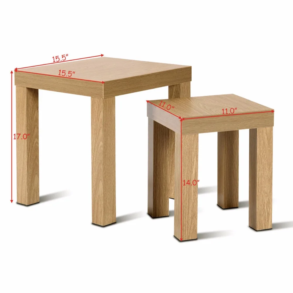 Giantex Set of 2 Nesting Coffee End Table Side Tables Living Room Home Decor Wood Color Home Furniture HW58204