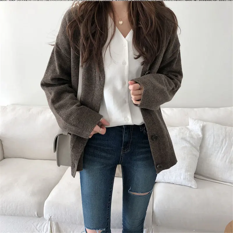 

HziriP Cardigans Solid Gentle 2019 Autumn Fresh Simple V-Neck Knitted Loose Full-Sleeved Women New Sweater 4 Types