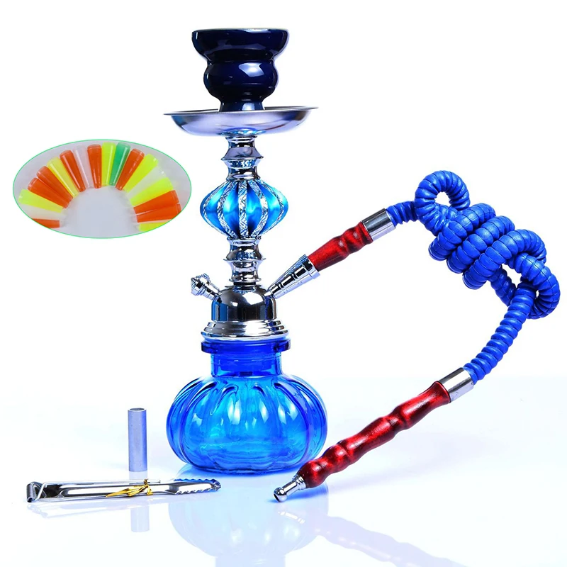 

Portable 4 Color Shisha Hookah Smoking Water Pipe with Sheesha Tong and 10 pcs of Disposable Mouthpieces Glass Vase Nargile Goza