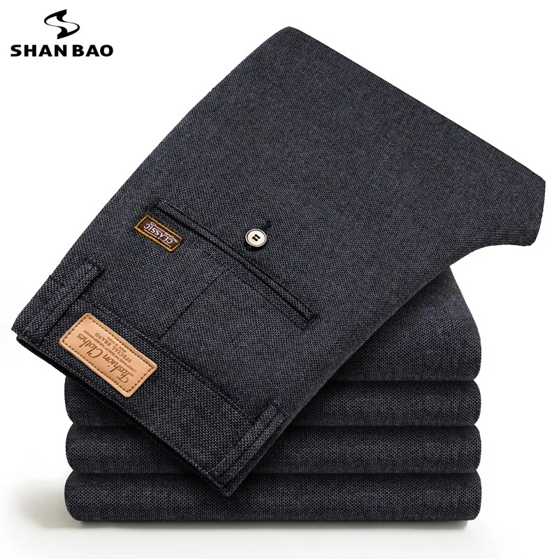 

SHANBAO 2019 autumn winter new elegant wild cotton business casual pants fashion stickers brand men's slim trousers gray blue