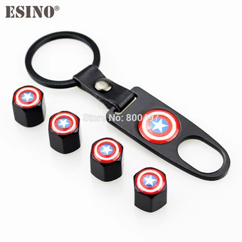 

4 x Car Styling Stainless Steel Zinc Alloy Wheel Tire Valve Stems Caps Captain America Universal Fit With Mini Wrench Key Chain