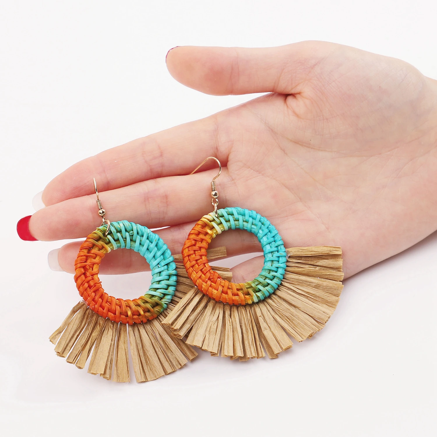 

Fashion Rainbow Rattan Straw Weave Knit Vine Drop Earring for Women Girl Summer Statement Raffia Party Accessories Jewelry
