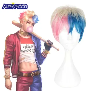 

Male Harley Quinn Cosplay Suicide Squad Harleen Quinzel Gay Men Blue and Pink Mixed Short Synthetic Hair Adult Men Accessories