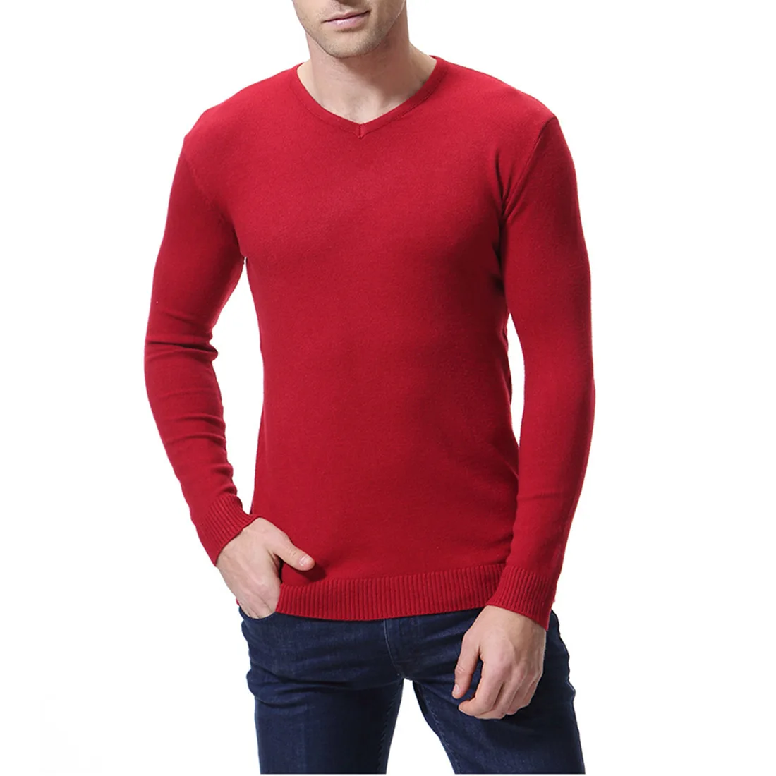 Осень зима вязаный мужской s v-образным вырезом сплошной цвет с длинными рукавами Повседневный Мужской пуловер облегающая мужская одежда 7 цветов