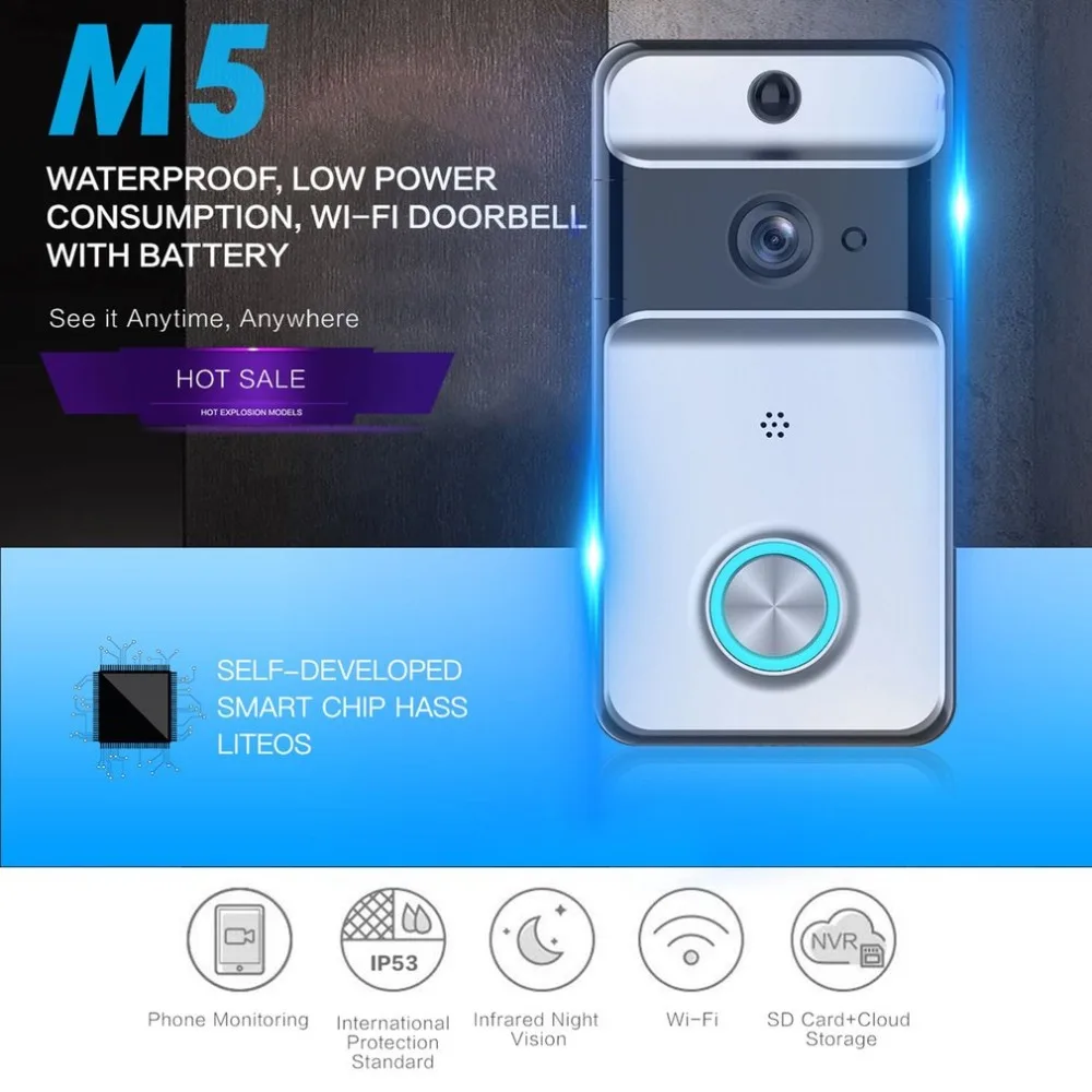 

M5 Low power Wireless Door Bell WI-FI Video Doorbell Security Camera IR Night Vision Two-way Voice Support TF + Cloud Storage