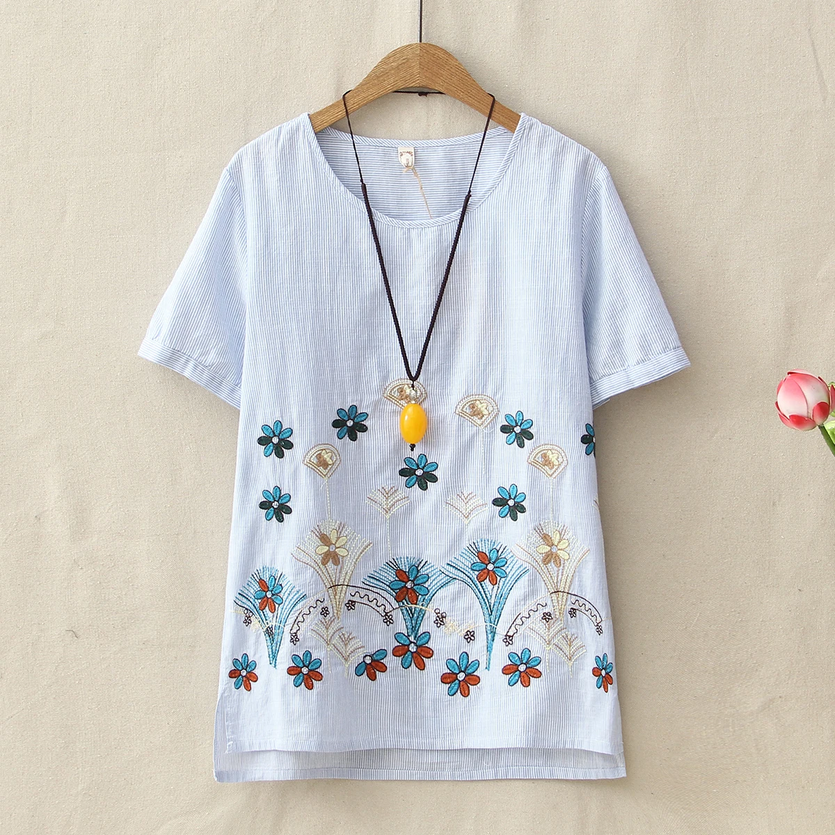 Buy Botanical Embroidered T Shirts Women Summer Comfort Cotton Linen Top Short