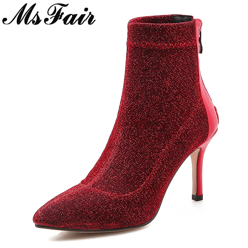 

MSFAIR Pointed Toe High Heel Women Boots Fashion Zipper Concise Thin Heels Ankle Boots Women Shoes Stretch Fabric Boots Women