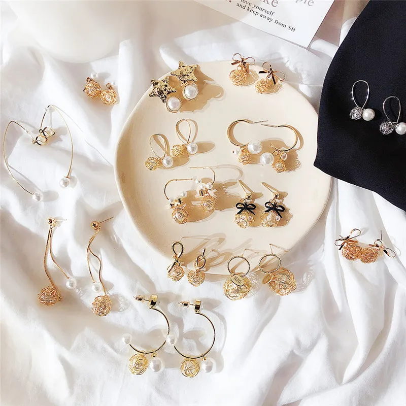 

Korean Sweet Bow Knot Zircon Pearl Fresh Hoop Drop Dangle Earrings Collection Sets For Woman Girls Fashion Jewelry-DDE