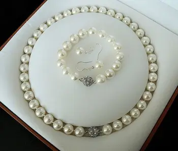 

Women Gift word Love Shipping >>>>> Charming 10mm White South Sea Shell Pearl Necklace bracelet Earring Set new-jewelry