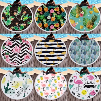 

Microfiber Beach Towel Boho Beach Towels Cartoon Flamingo Series Tropical Plants Round Fabric Bath Towels For Living Room