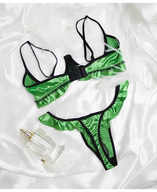 Women Retro Light green Thin Bra Briefs set Bralette Satin Sexy Open