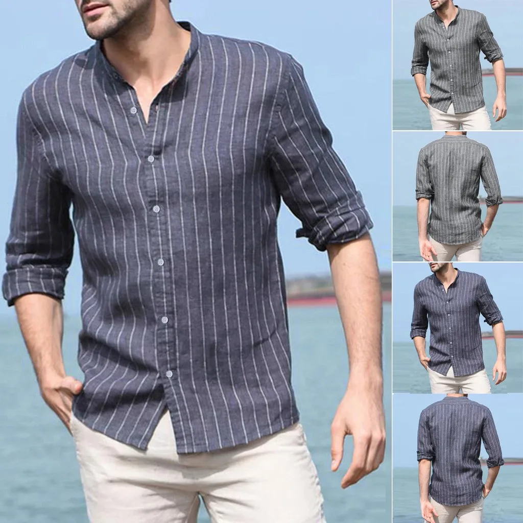 

Men's Baggy Cotton Linen Striped Long Sleeve Button Retro Shirts Tops Blouse Support Wholesale And Dropship