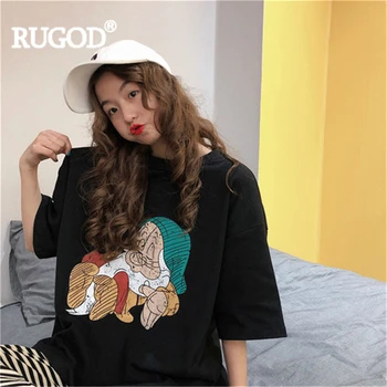 

RUGOD T-shirt Women Cute casual top Fairy tale dwarf Pattern Print O-neck tee