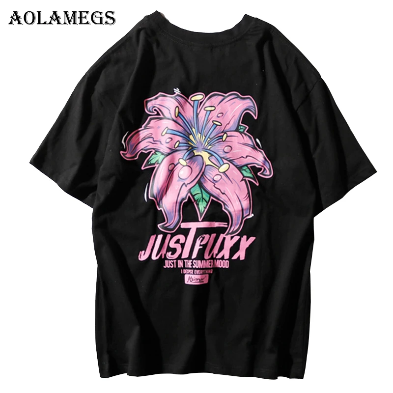 

Aolamegs T Shirt Men Floral Printed Men's Tee Shirts O-neck T Shirt Cotton Simple Fashion High Street Couple Tees Streetwear