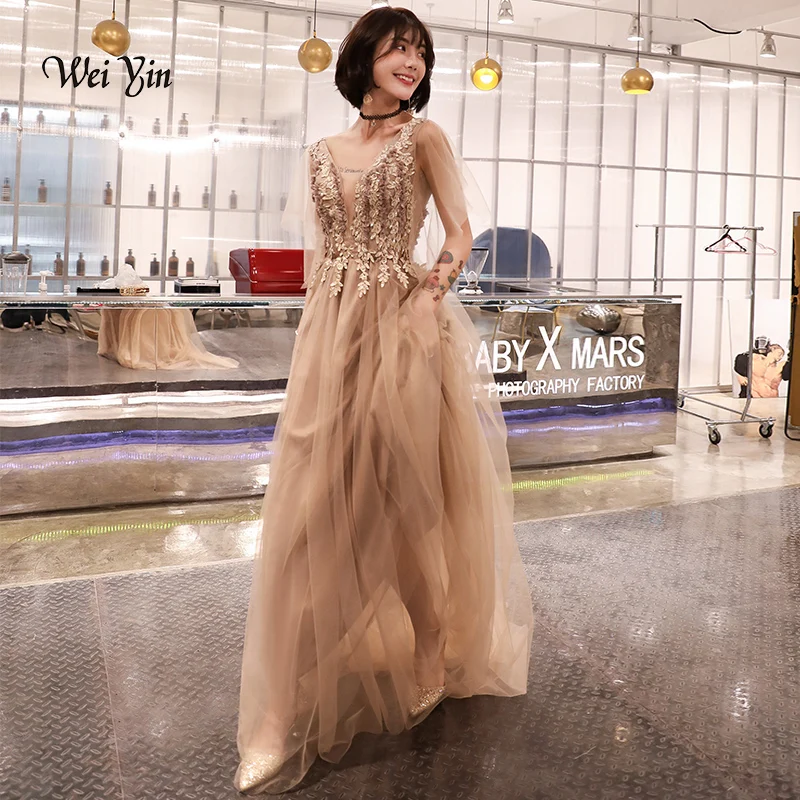 

weiyin 2019 Short Sleeves Illusion Backless Lace Up Flowers Lace Elegant Evening Dresses Floor Length Party Gown Evening Gowns