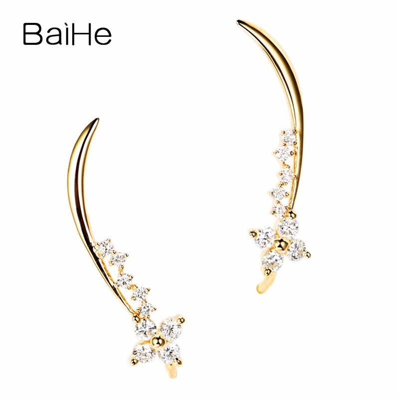 BAIHE Solid 14K Yellow Gold 0.38ct H/SI Natural Diamonds Engagement Wedding Party Trendy Fine Jewelry Flower Stud Earrings Women | Украшения