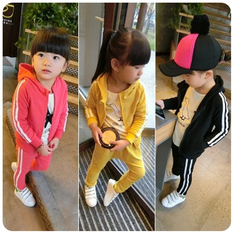 

New Autumn Casual Striped Hooded Track Suit Kids 2pcs Girl Clothing Sets Black Girls Sport Suit Hooded+Pant Girls Winter Clothes