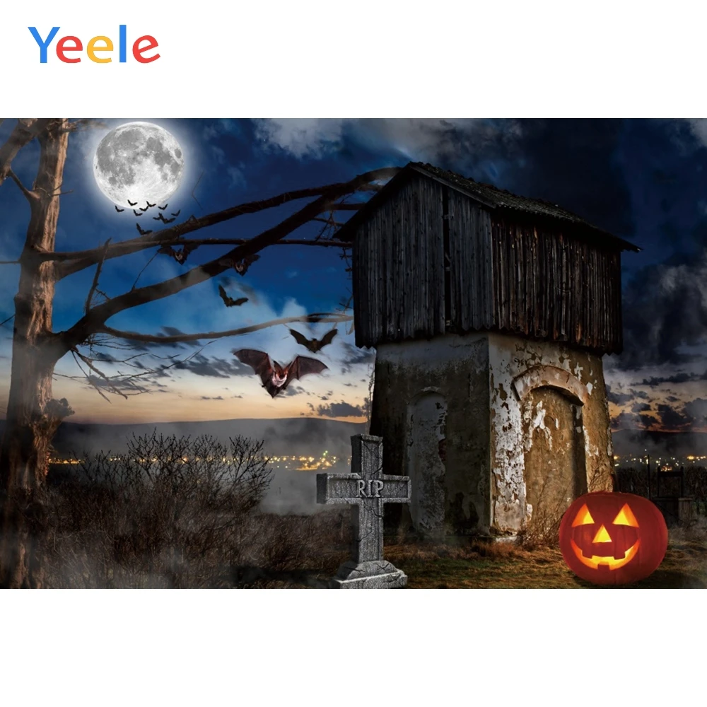 

Yeele Halloween Night Moon Cross Chalet Bat Pumpkin Photography Backgrounds Customized Photographic Backdrops for Photo Studio