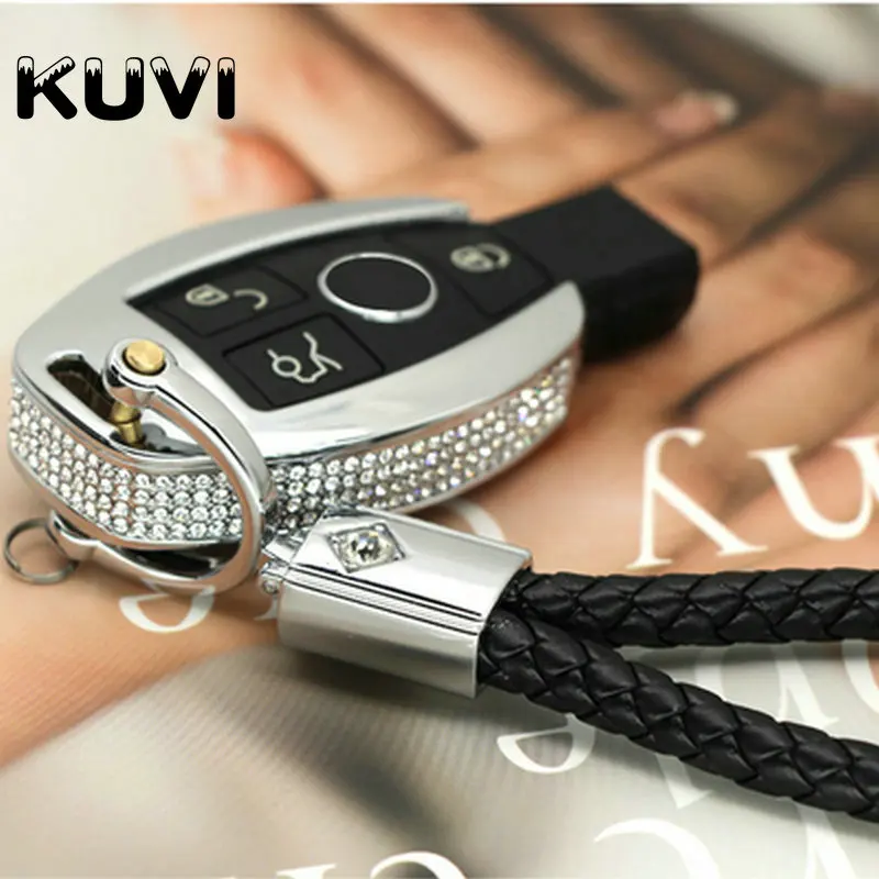 Diamond Сплава кожа ключа автомобиля чехол Key Holder кольцо цепи для Mercedes Benz W203 W210 W211 W124 W202 W204 AMG аксессуары