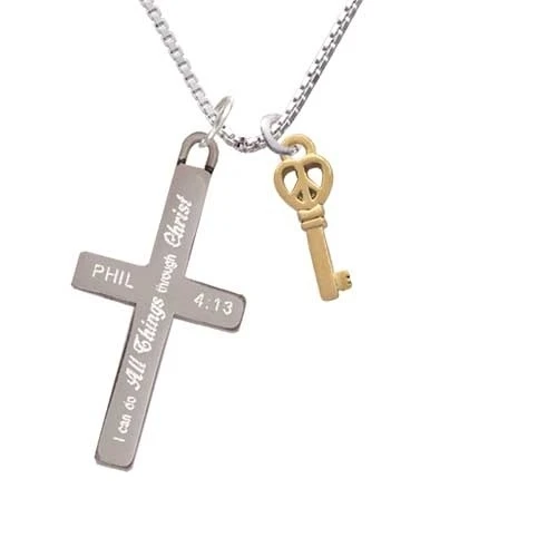 Mini Gold Tone Open Peace Heart Key - I Can Do All Things - Cross Necklace (1)