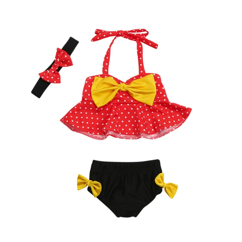 3 предмета, одежда для купания для маленьких девочек, Топ в горошек на бретельках+ шорты с бантом+ повязка на голову, одежда для купания пляжный купальный костюм набор для купания# LR3